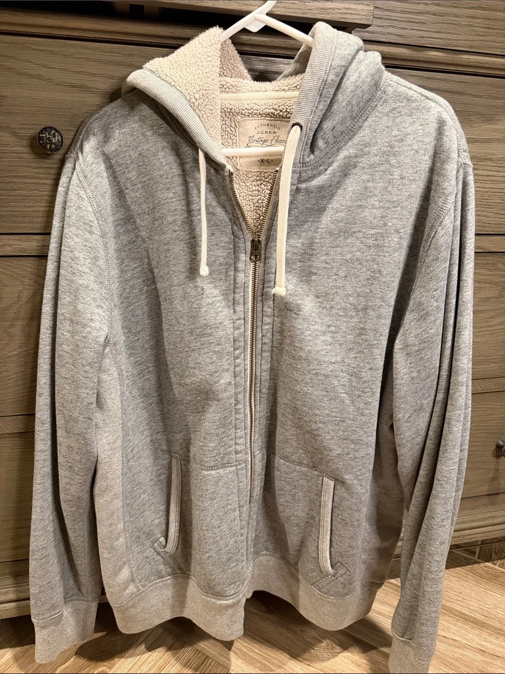 J. Crew Men's Light Gray Zip-Up Hoodie with Cream Sherpa Lining